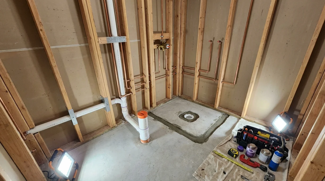 Bathroom rough-in plumbing during remodel by Johns Plumbing LLC in Ninnekah