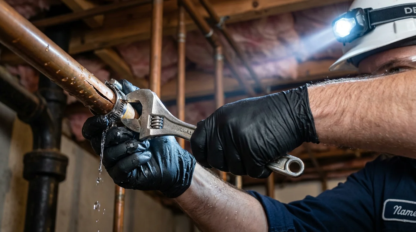 Emergency pipe clamp repair being performed by a Johns Plumbing LLC plumber in Ninnekah