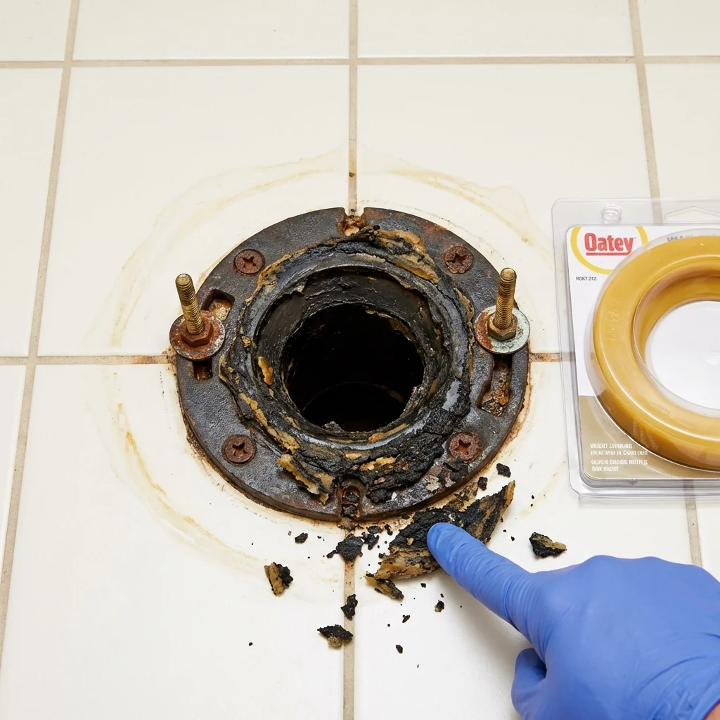 Failed wax ring showing water seepage at the base of a toilet in a Ninnekah, OK home